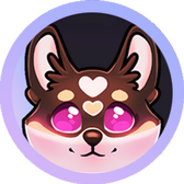 a close up drawing of my corgi mascot's head, with a tricolor coat, pink eyes and heart markings on its forehead